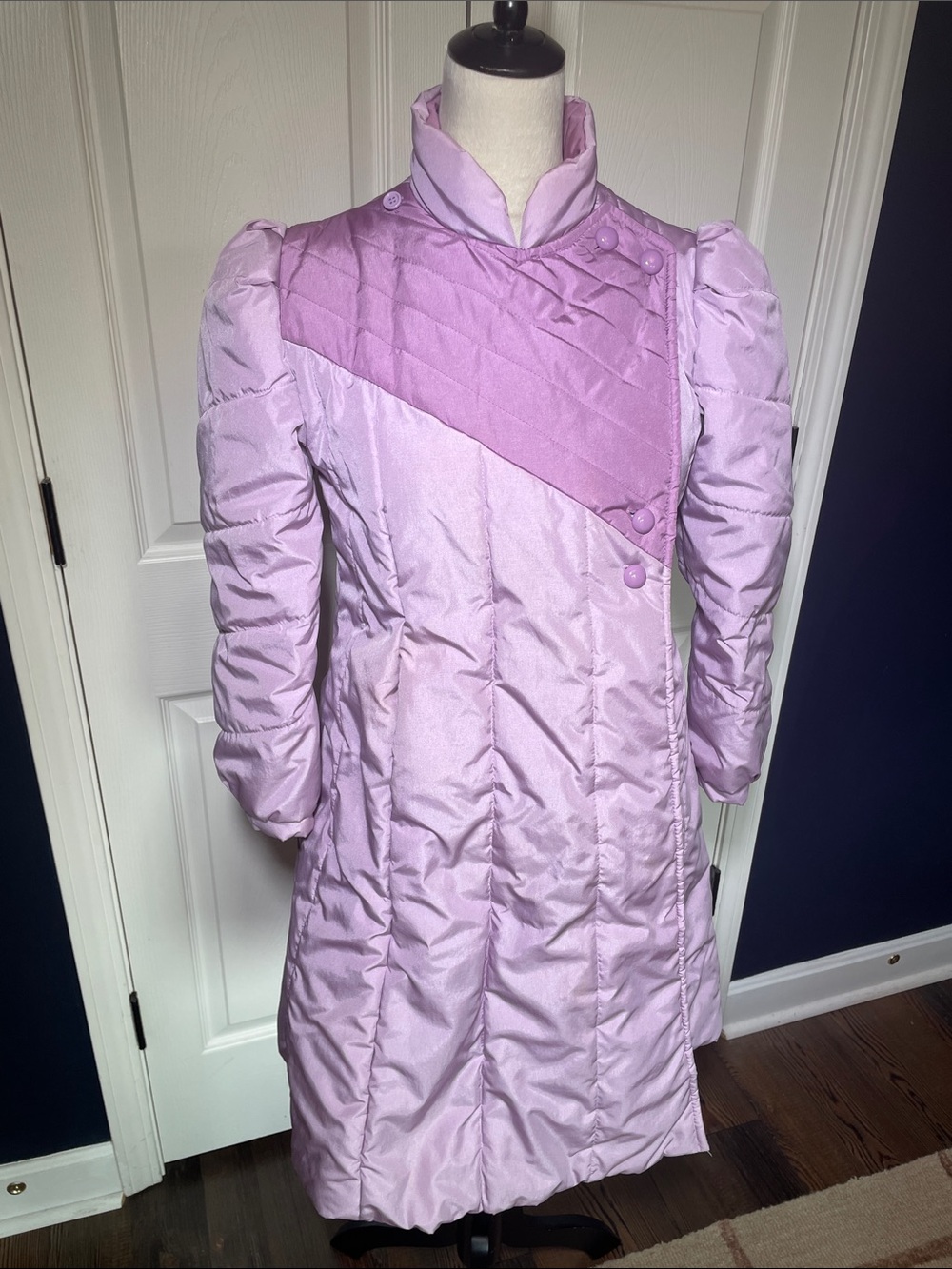 VTG 80s Rothschild Lavender Puffer Coat Asymmetric Colorblock Leg-O-Mutton